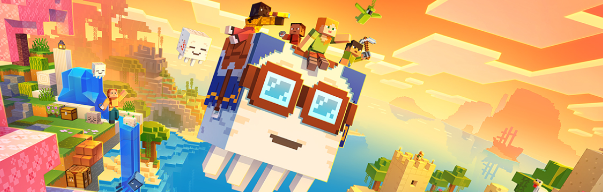 Bunte Minecraft-Szene aus dem Chase the Skies Update mit fliegendem Ghast