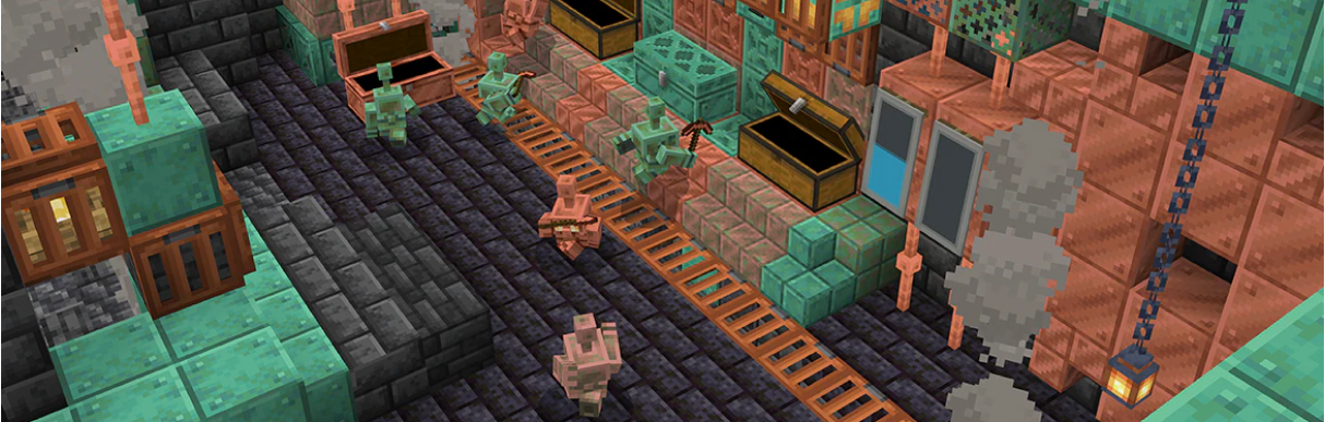 Mehrere Copper Golems in einer Minecraft-Basis mit Kupferblöcken, Copper Chests und Werkzeugen im Copper Age Update
