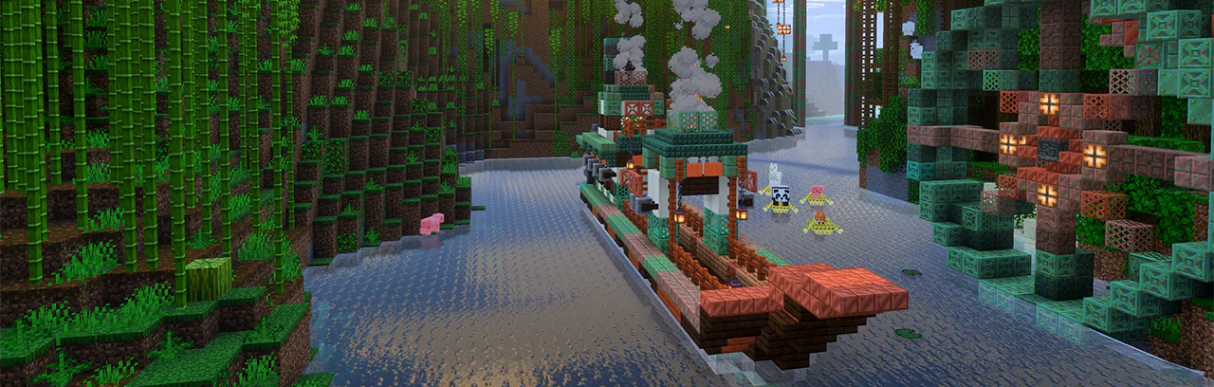 Dschungellandschaft mit Bambus, Dampfschiff, leuchtenden Blöcken und Dorfbewohnern auf einem Fluss